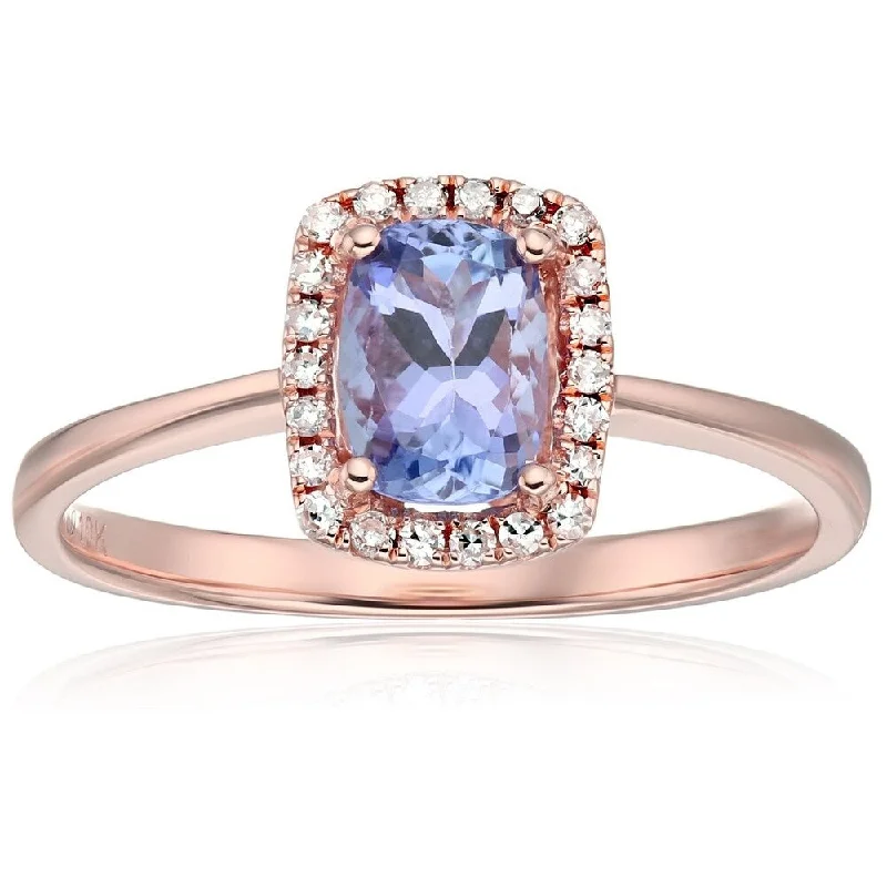 10k Rose Gold Tanzanite, Diamond Cushion Halo Engagement Ring, Size 7 - Blue