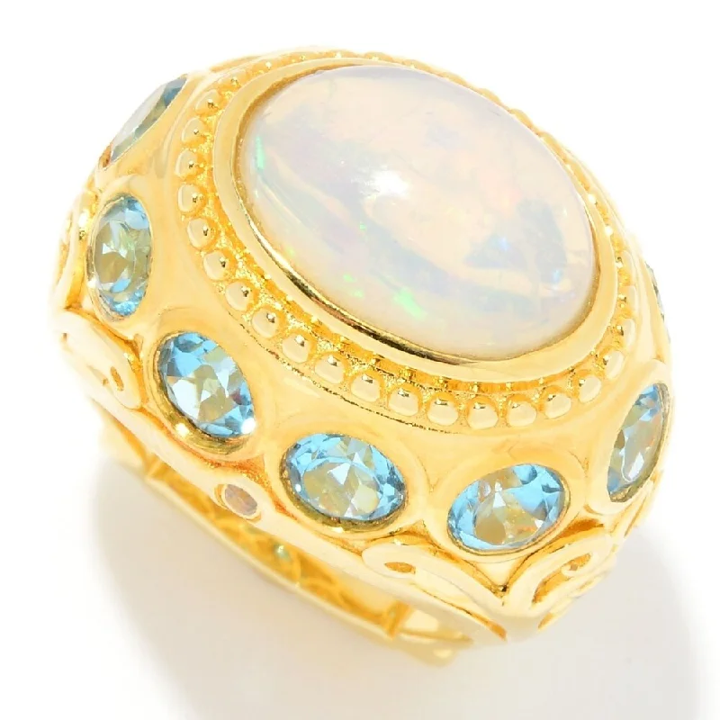 14 x 10mm Oval Ethiopian Opal & Swiss Blue Topaz Etruscan Ring