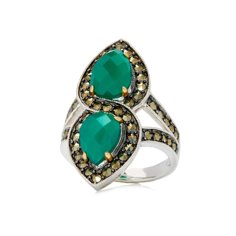 14k Gold and Sterling Silver Green Agate and Marcasite Ring