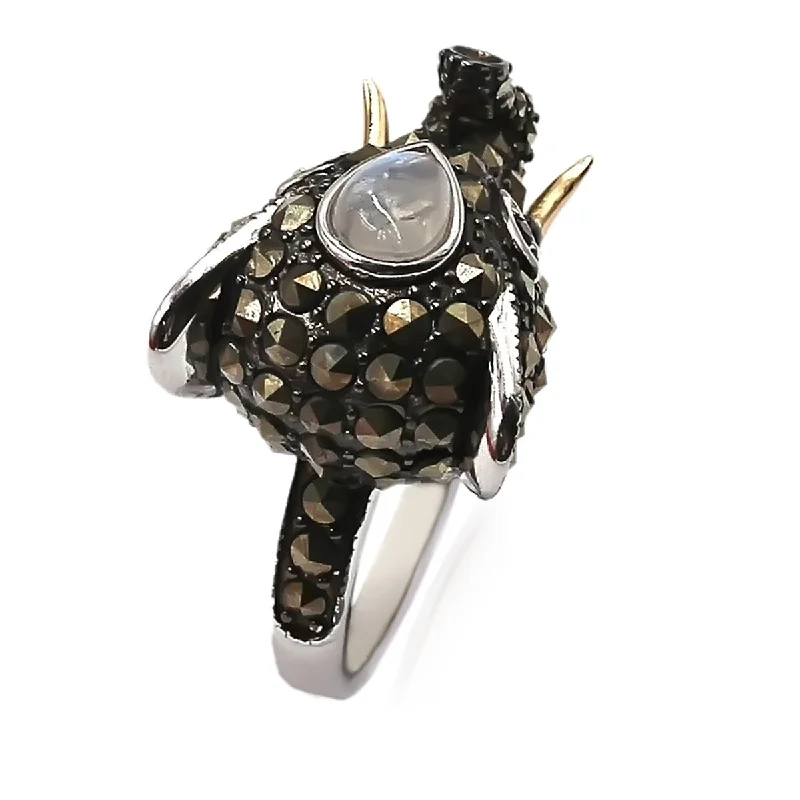 14k Gold and Sterling Silver Moonstone and Marcasite Ring