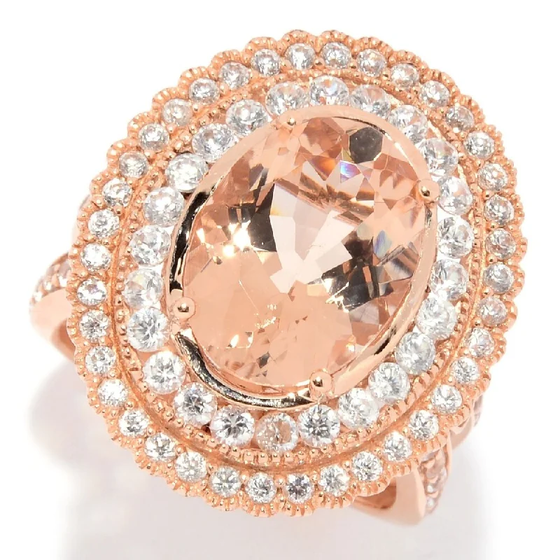 14K Rose Gold Oval Morganite & Gemstone Double Halo Ring