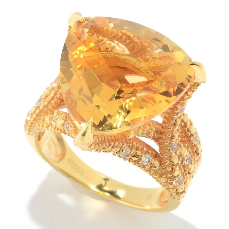 18K YG o/Silver Trillion Citrine & White Zircon Cocktail Ring, Size 7 - Yellow