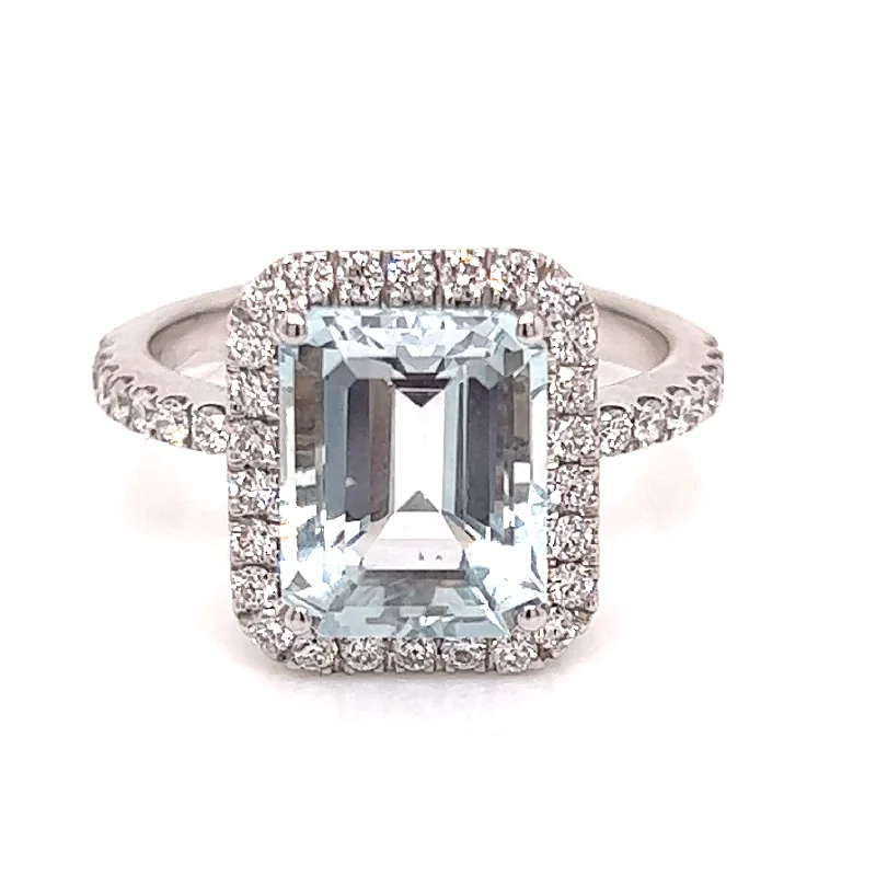 3.16ct Earth Grown Aquamarine & Castle Set Diamond White Gold Halo