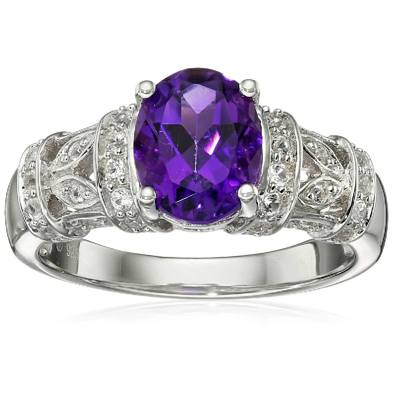 925 Sterling Silver African Amethyst and Created White Sapphire Ring