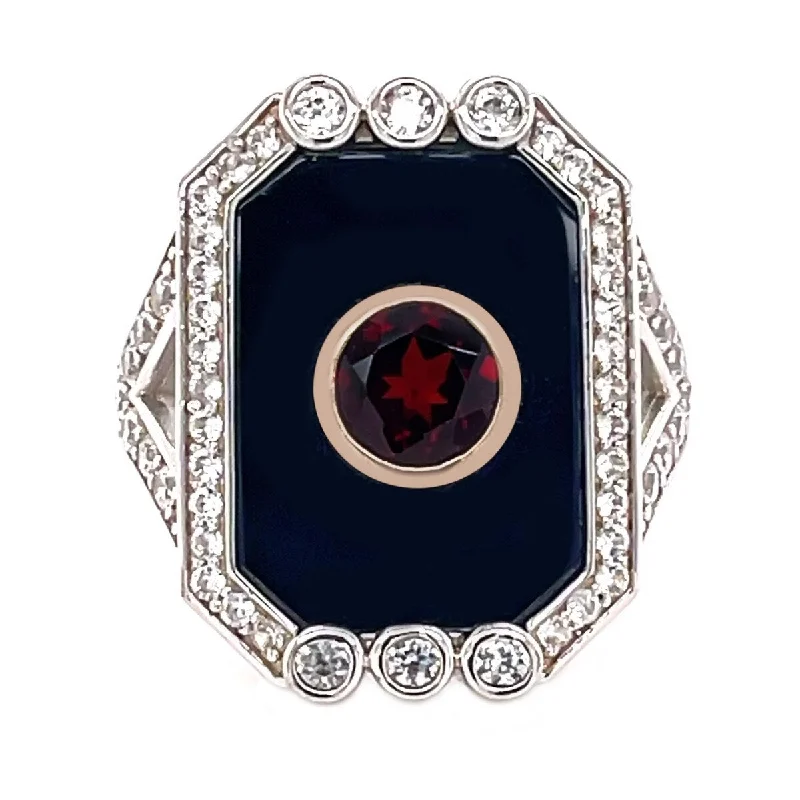 925 Sterling Silver Black Onyx, Red Garnet,White Natural Zircon Ring