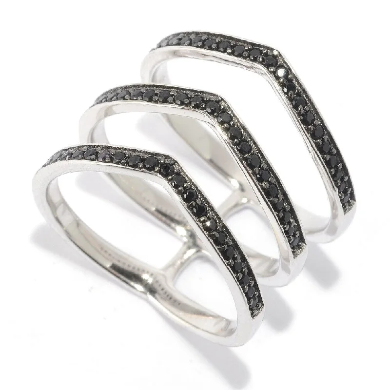 925 Sterling Silver Black Spinel Chevron Ring