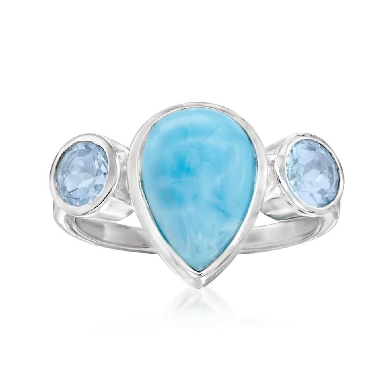 925 Sterling Silver Larimar and Sky Blue Topaz 3-Stone Ring