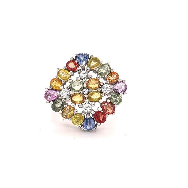 925 Sterling Silver Multi Sapphire and White Natural Zircon Ring