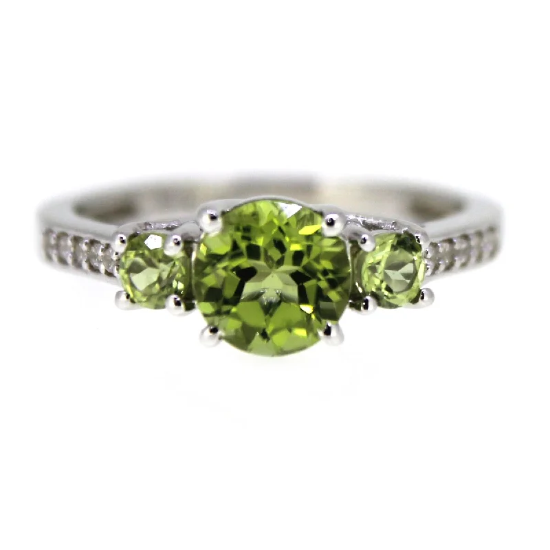 925 Sterling Silver Peridot and White Natural Zircon 3-Stone Ring