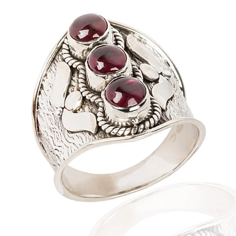 925 Sterling Silver Red Garnet 3-Stone Ring