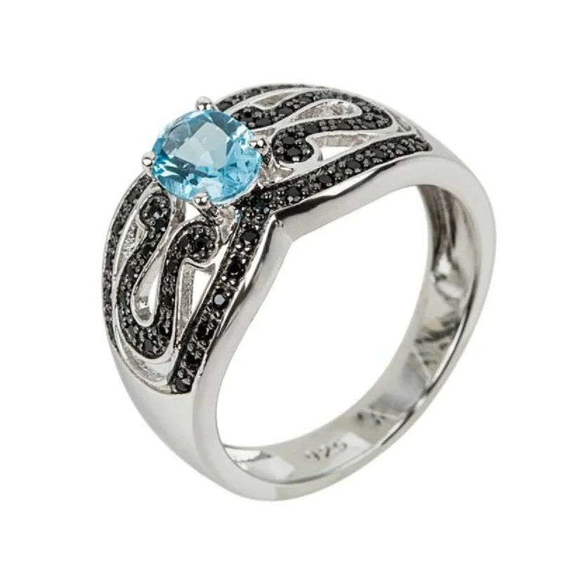 925 Sterling Silver Swiss Blue Topaz and Black Spinel Ring