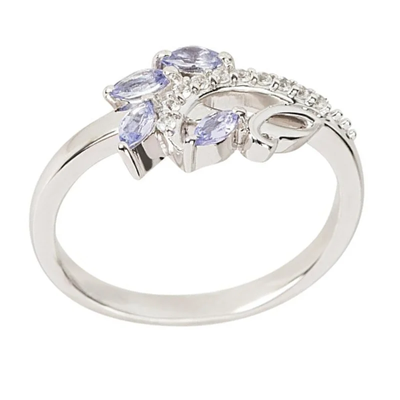 925 Sterling Silver Tanzanite and White Natural Zircon Ring