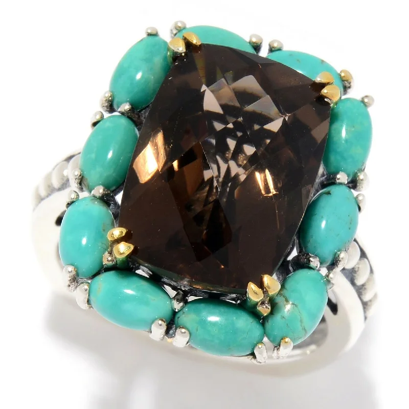 925 Sterling Silver Tyrone Turquoise and Smoky Quartz Ring