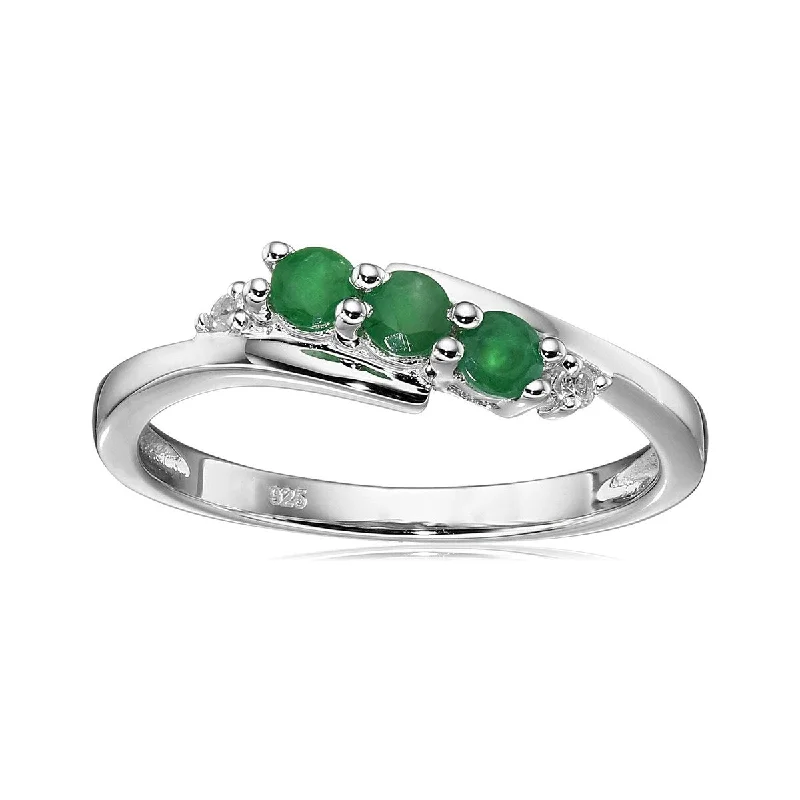 925 Sterling Silver Zambian Emerald,White Natural Zircon 3-Stone Ring