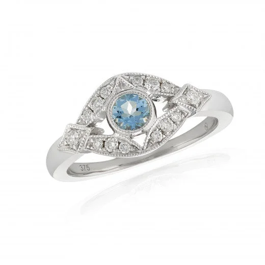 9ct White Gold Earth Grown Diamond & Aquamarine Ring