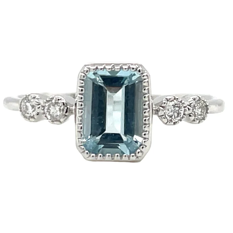 9ct White Gold Earth Grown Emerald Cut Aquamarine & Diamond Ring