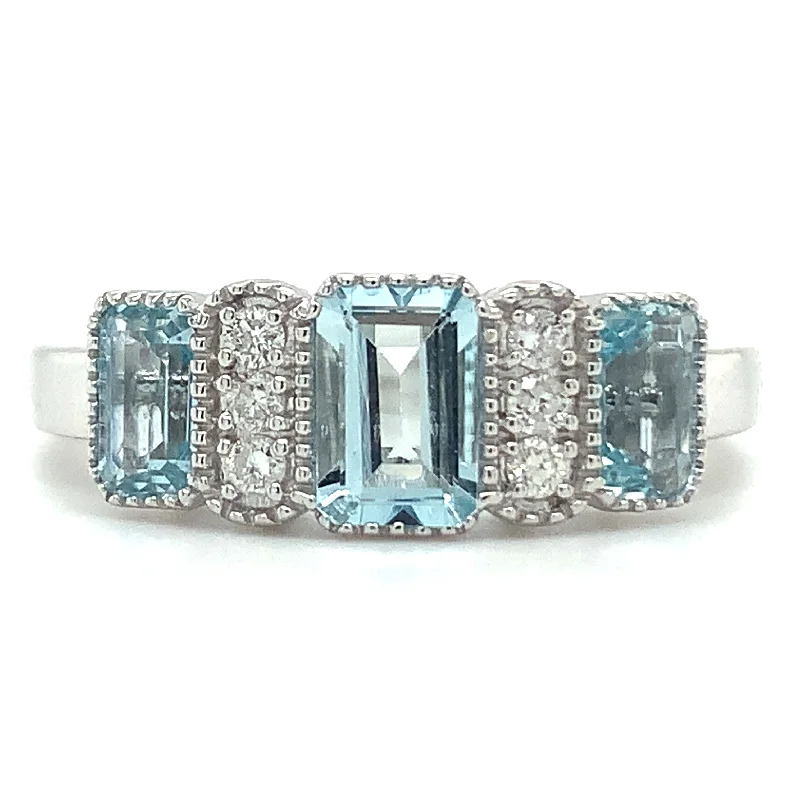 9ct White Gold Emerald Cut Earth Grown 1.05ct Aquamarine Trio & Diamond Ring