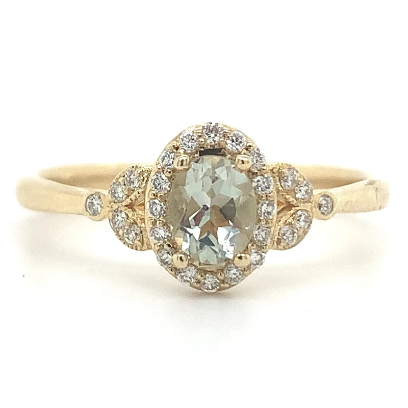 9ct Yellow Gold 0.40ct Oval Green Amethyst Castle Halo With Vintage 0.12ct Diamond Side Detail Ring