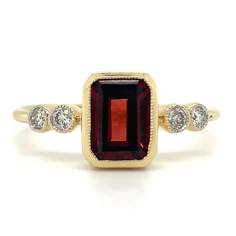 9ct Yellow Gold Earth Grown 1.195ct Emerald Cut Garnet Ring with Side Diamonds