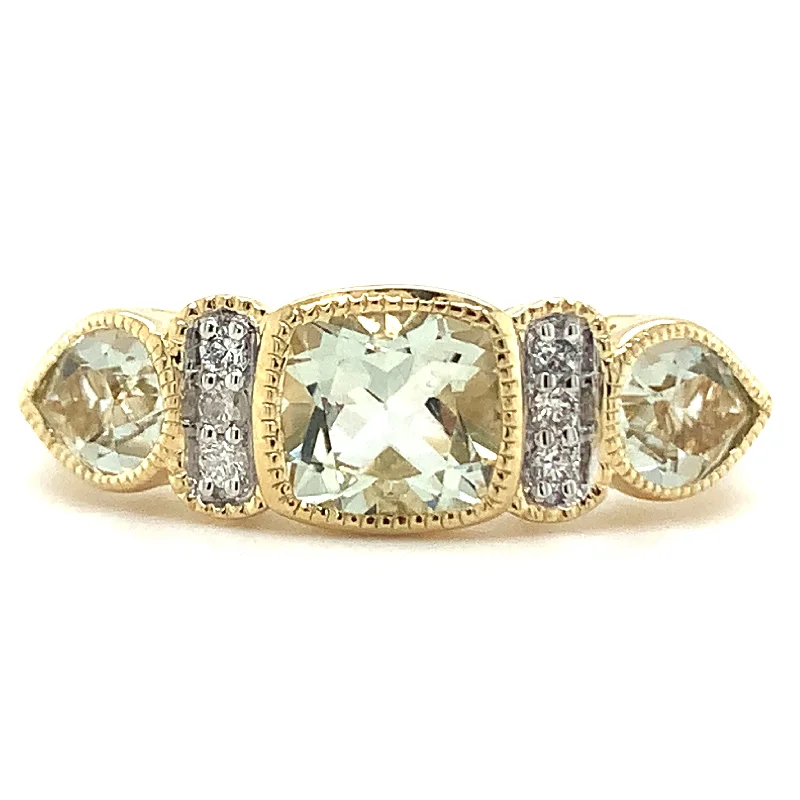 9ct Yellow Gold Cushion & Pear Cut 1.275ct Green Amethyst Ring