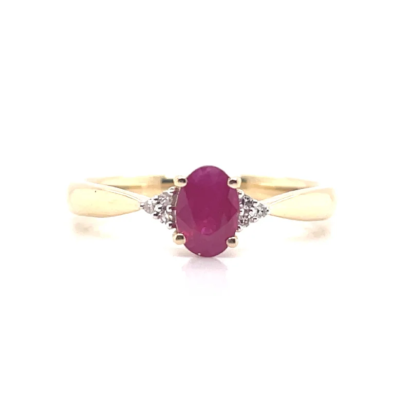 9ct Yellow Gold Earth Grown Ruby Ring with Side Diamonds