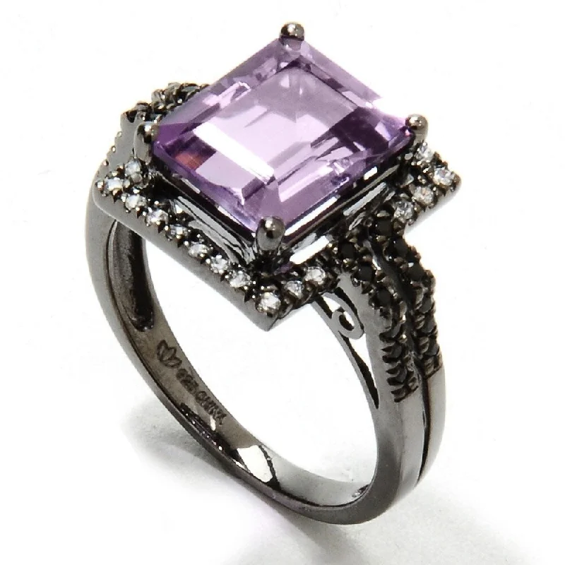 Black Rhodium O/ Silver 3.73Ctw African Amethyst Solitaire W/ Accent Ring