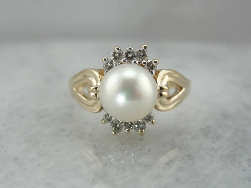 Classic White Pearl Halo Cocktail Ring in Yellow Gold