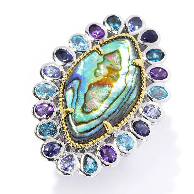 Dallas Prince 26 x 14.5mm Abalone & Multi Gemstone Elongated Ring.