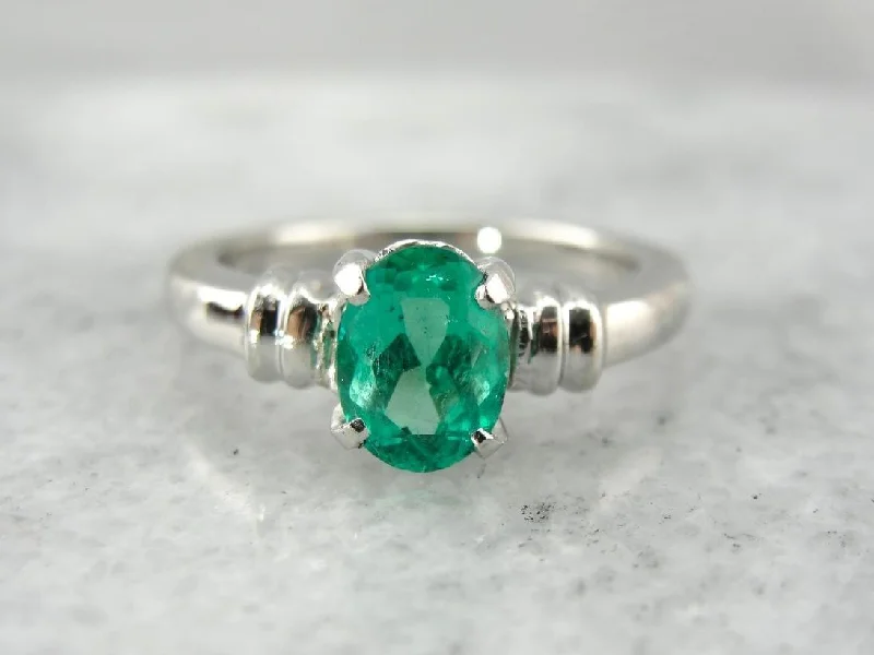 Gorgeous! Bright Green Emerald and Platinum Solitaire Ring for Any Occasion