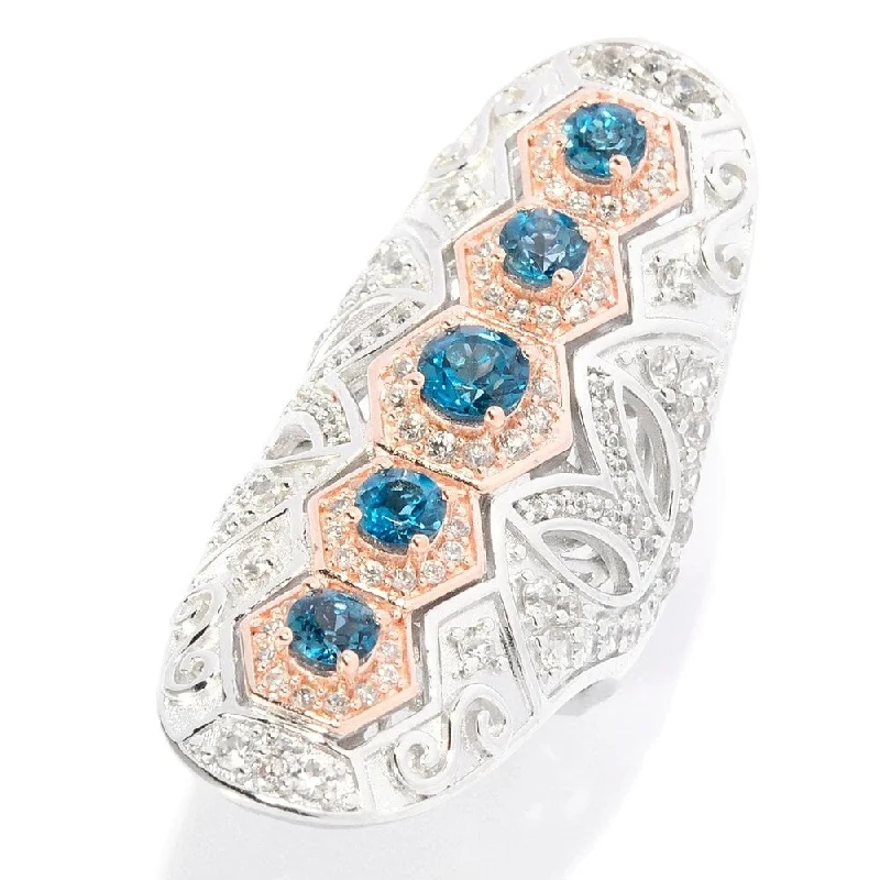 London Blue Topaz & White Zircon Cut-out Scrollwork Elongated Ring