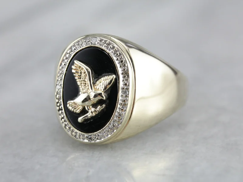 Men's Eagle Black Onyx Gold Statement Ring