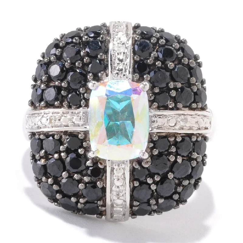 Platinum O/ Silver 4.57Ctw Opal Topaz & Black Spinel Ring