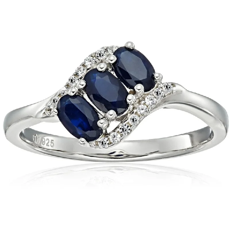 Ster Silver Blue Sapphire, Created White Sapphire 3-stone Ring, Sz 7