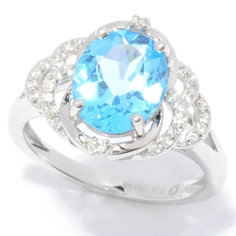 Sterling Silver 10 x 8mm Oval Cut Blue Topaz & White Zircon Ring