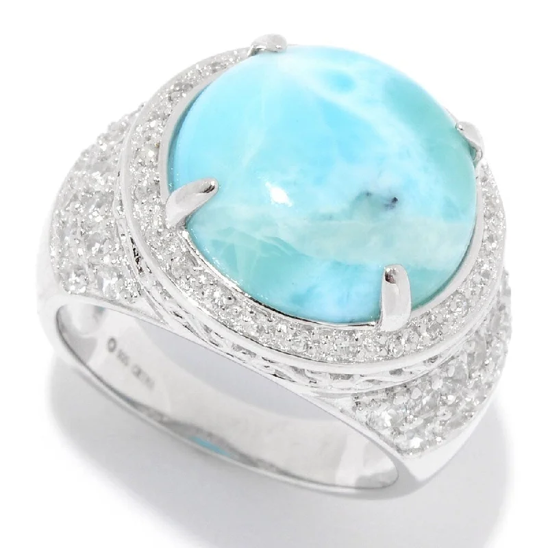 Sterling Silver 13.5mm Larimar & White Topaz Halo Ring