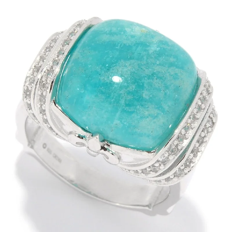 Sterling Silver 14mm Cushion Shaped Amazonite & White Zircon Ring