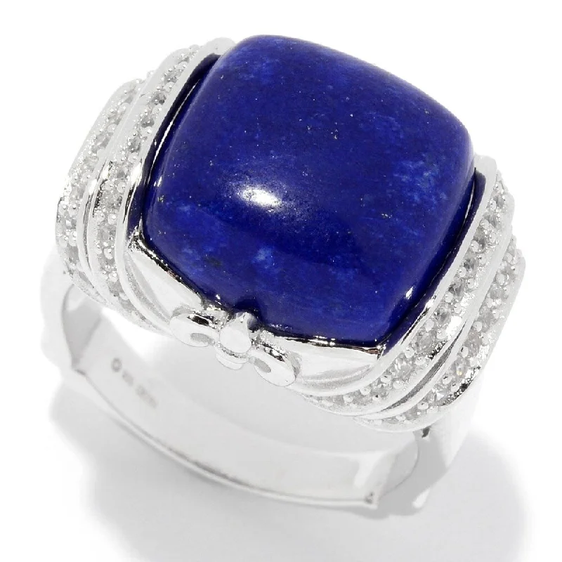 Sterling Silver 14mm Cushion Shaped Lapis & White Zircon Ring