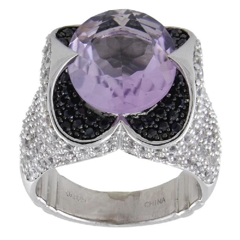 Sterling Silver 9.31ct Oval Pink Amethyst White Zircon and Black Spinel Ring