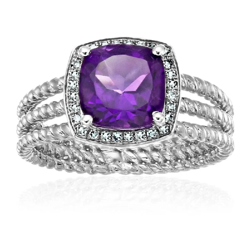 Sterling Silver African Amethyst And Created White Sapphire Cushion Halo Engagement Ring, Size 7