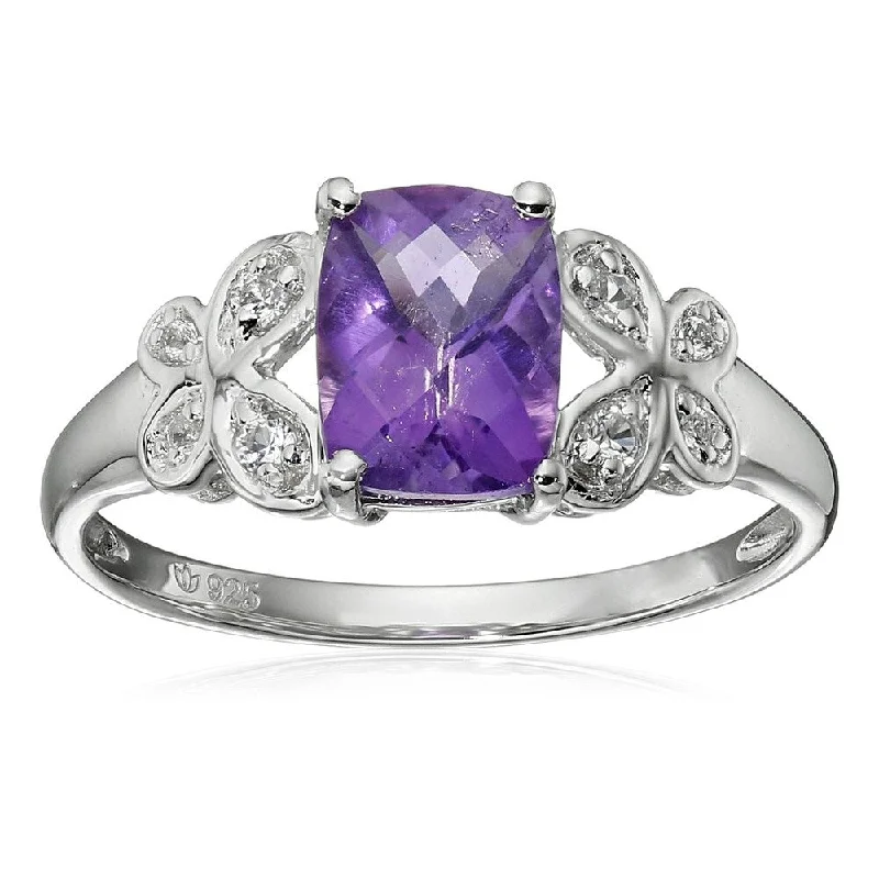 Sterling Silver Amethyst and Created White Sapphire Ring Size - 7