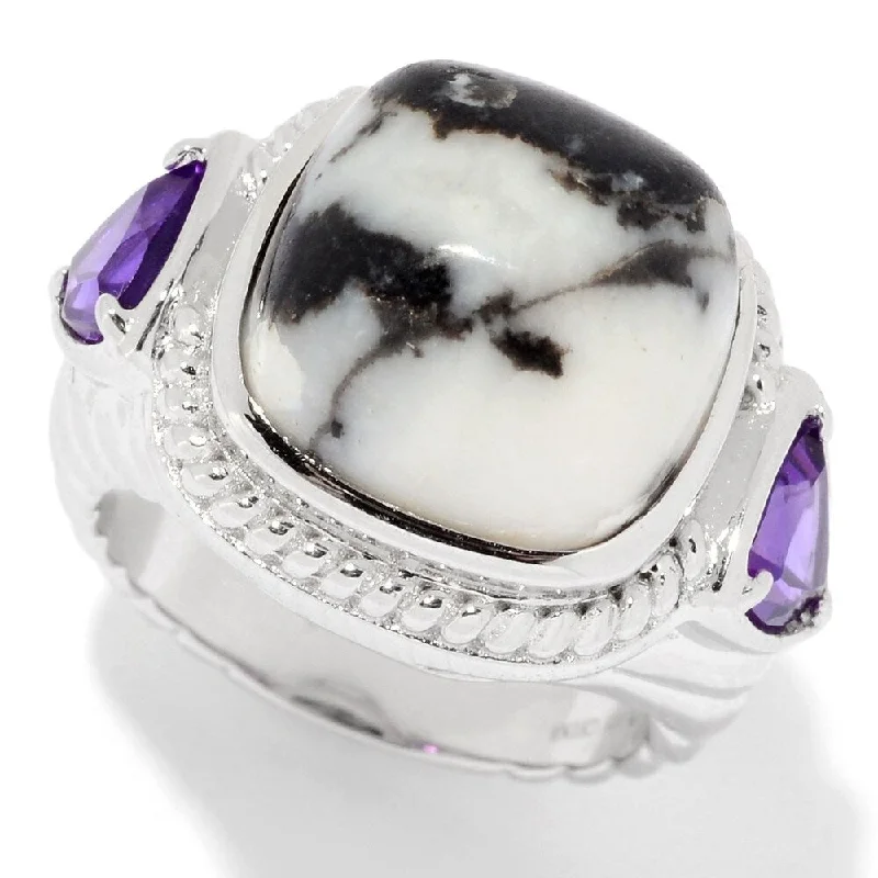 Sterling Silver Cushion & Trillion Gemstone Textured Ring