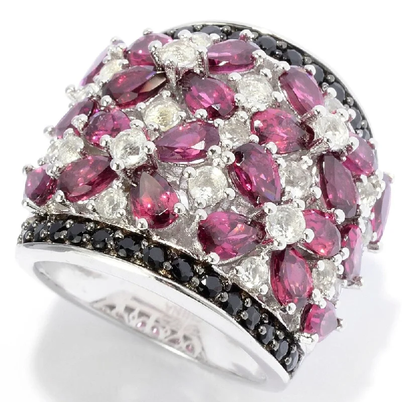 Sterling Silver Exotic Rhodolite, White Topaz & Black Spinel Ring