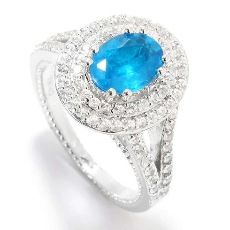 Sterling Silver Neon Apatite & White Zircon Double Halo Ring