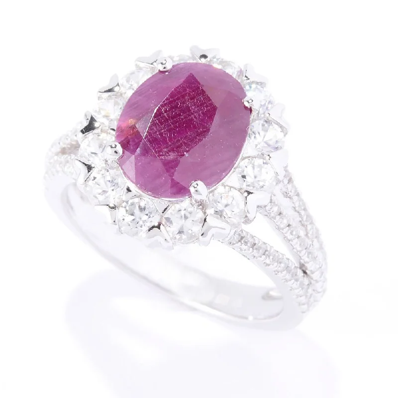 Sterling Silver Oval Indian Ruby White Zircon Ring