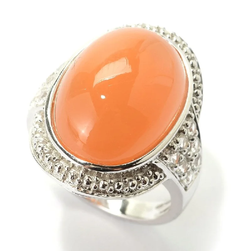 Sterling Silver Oval Peach Moonstone and White Topaz Ring