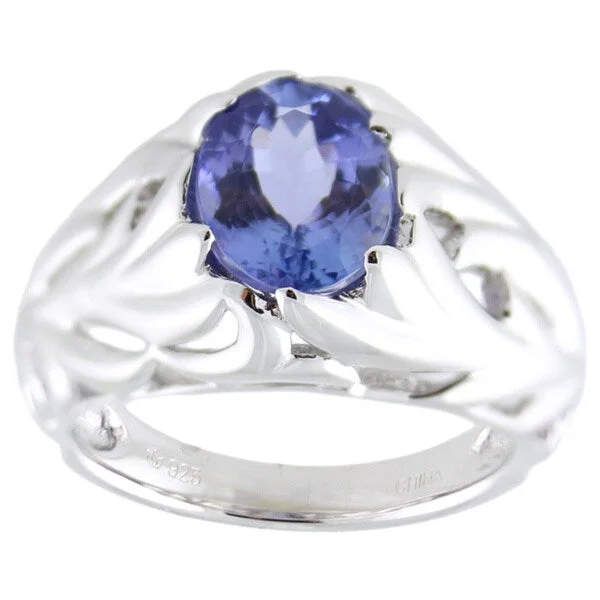 Sterling Silver Oval Tanzanite Textured Leaf Ring