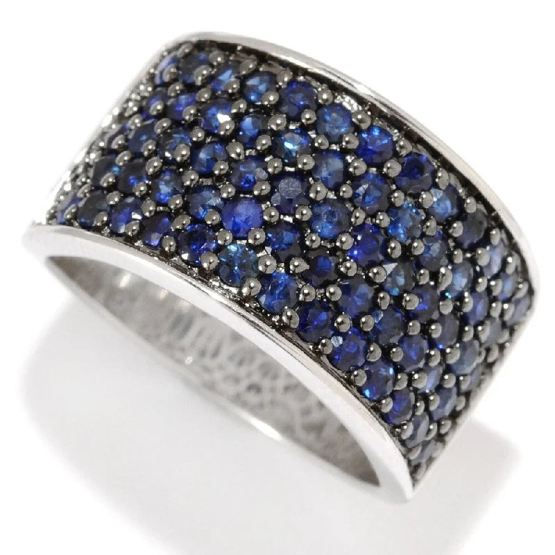 Sterling Silver Pave Blue Sapphire Wide Band Ring