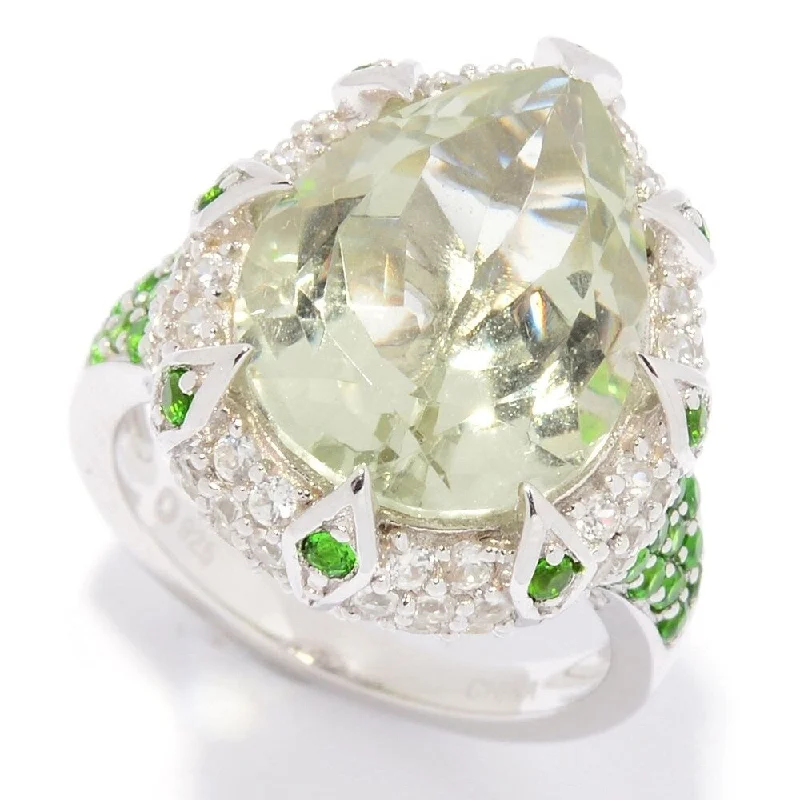 Sterling Silver Pear Cut Chrome Diopside & White Zircon Ring