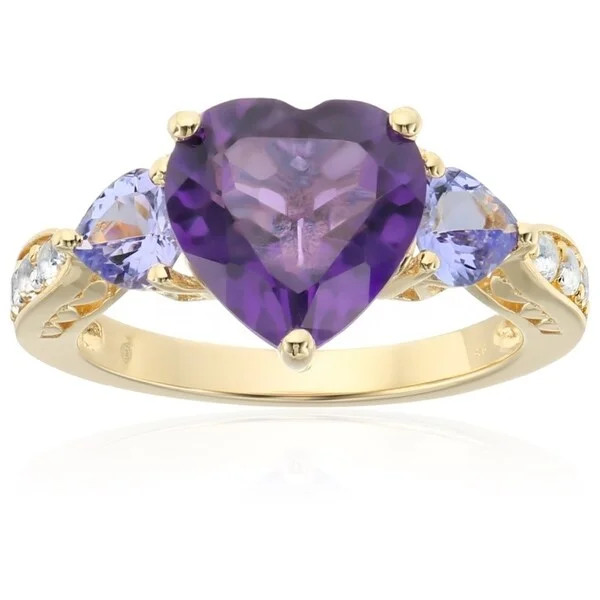 Yellow Gold-plated Silver Amethyst, Tanzanite 3-stone Heart Ring, Sz 7 - Purple