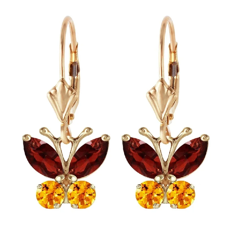 1.24 CTW 14K Solid Gold Butterfly Earrings Garnet Citrine